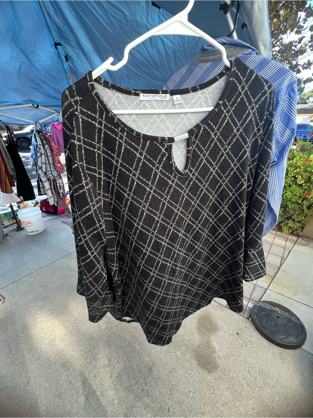 Notations Black Knit Top with Silver Plaid and Keyhole